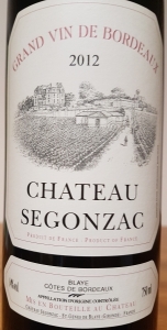 Château Segonzac, Blaye AOC Cotes de Bordeaux Cuvée Tradition 2012 orgânico
